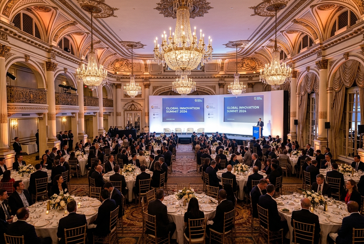 Aurum Grand Grand Ballroom — crystal chandeliers, round tables, conference event setup