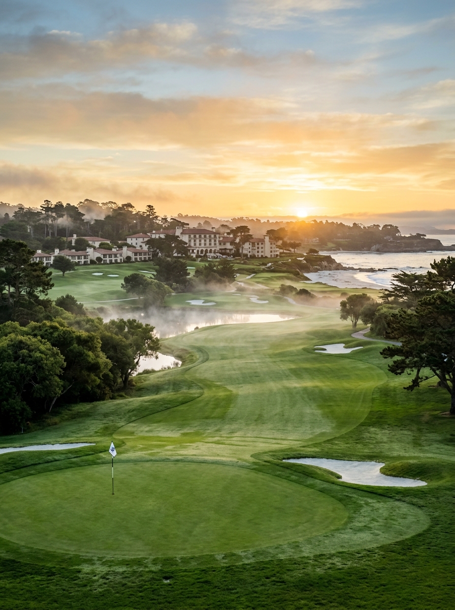 Aurum Grand championship golf course at sunrise — 18-hole links with coastal resort backdrop