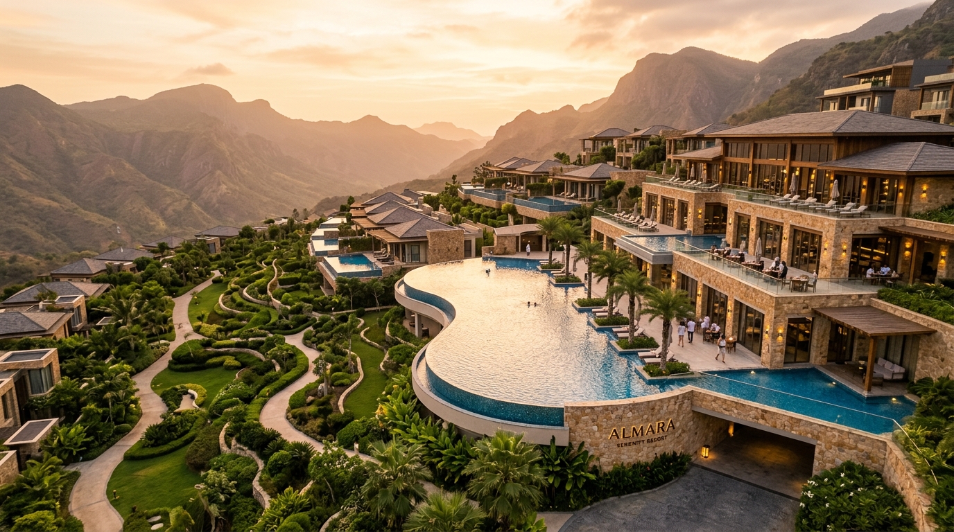 Aurum Grand Resort aerial view — luxury mountain resort with infinity pools and manicured gardens