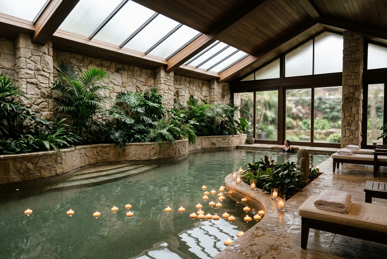 Spa Suite — private indoor pool with natural stone and skylight