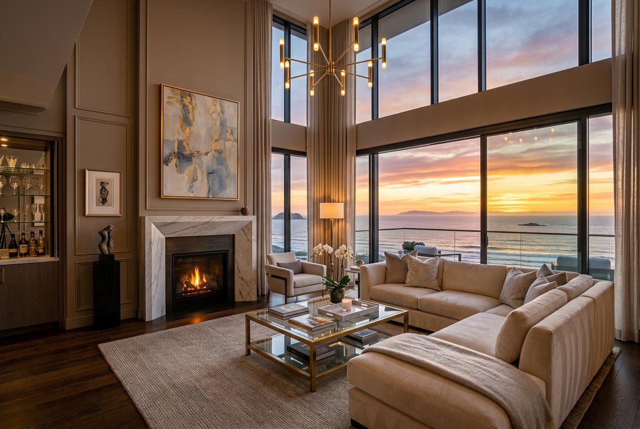 Grand Panorama Suite — double-height living room with ocean sunset views