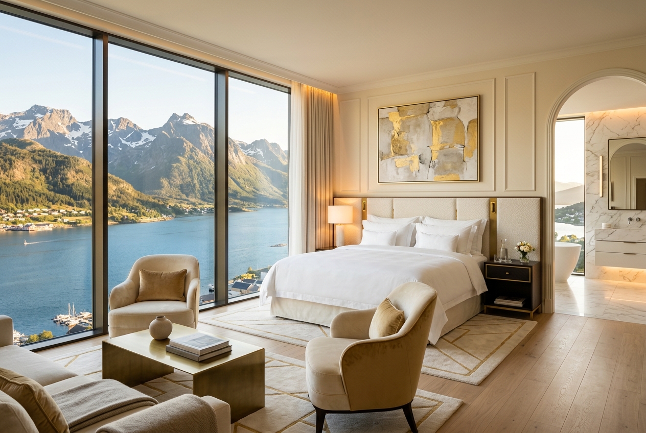 Presidential Suite — king bedroom with floor-to-ceiling mountain and water views